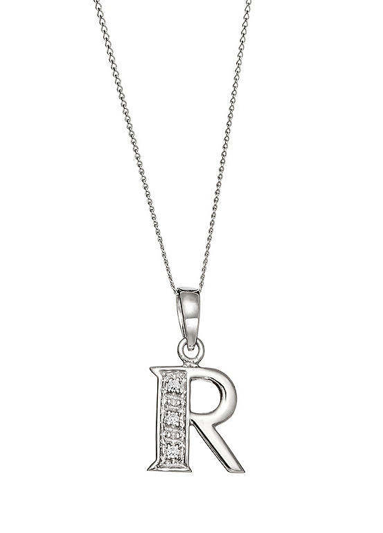 9ct White Gold Solid Gold Diamond Initial Pendant Necklace