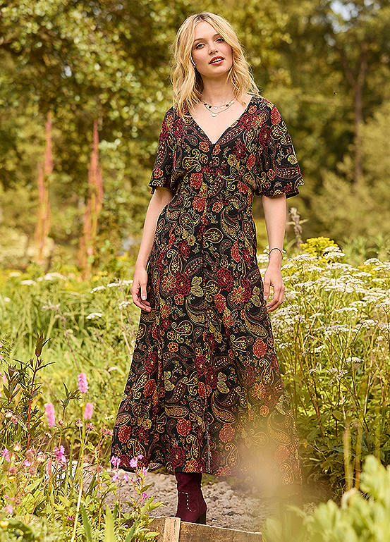 Joe Browns Dark Autumn Floral Wide Sleeve Button-Through Maxi Dress
