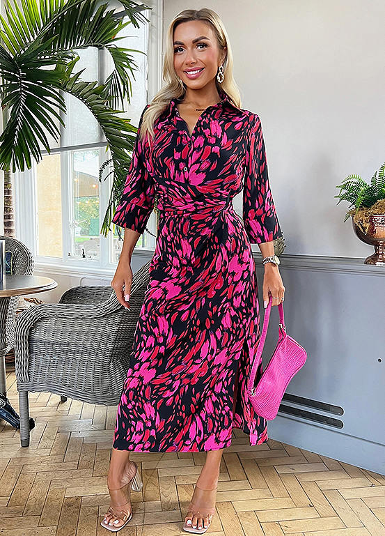 AX Paris Pink & Red Printed Shirt Midi Dress Grattan
