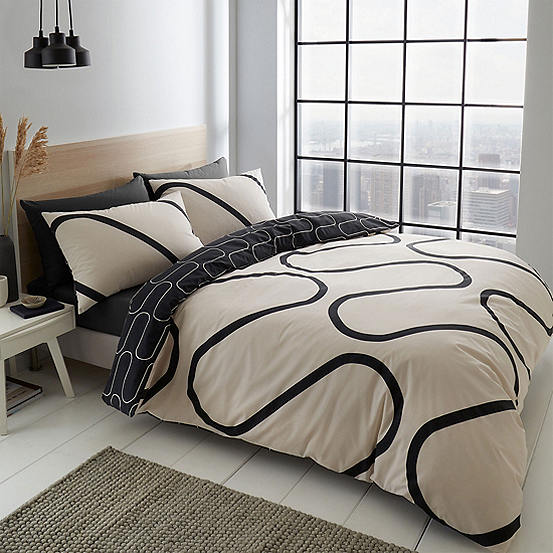 Catherine Lansfield Linear Curve, Black And Beige Duvet Covers