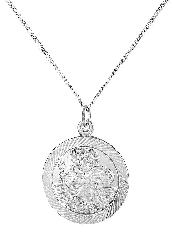 For You Collection Gent’s Sterling Silver 24mm Diamond Cut St Christopher Pendant Adjustable Necklace