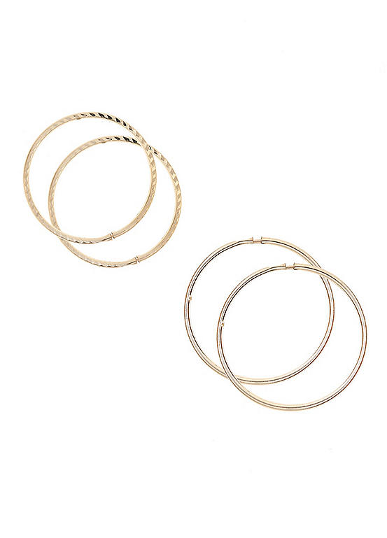 For You Collection Set of 2 9ct Solid Gold 14mm Polished & 12mm Diamond Cut Slim Tube Hoop Earrings