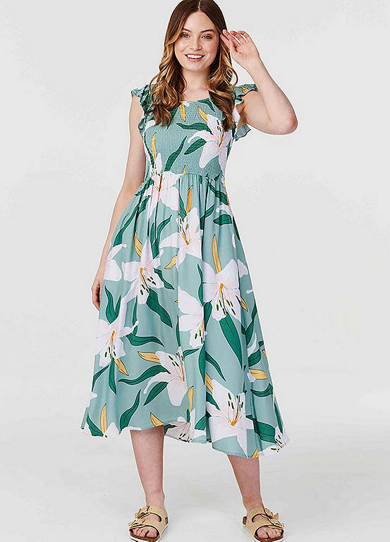 Izabel London Floral Frilled Sleeve Midi Dress | Grattan