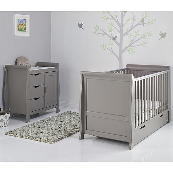 Obaby Stamford Grey Sleigh Cot Bed With Drawer Changing Unit