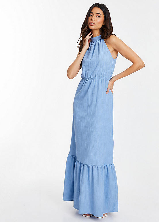Quiz Blue Textured Woven Maxi Dress with Halterneck
