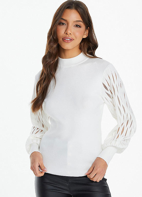 Quiz Cream Mesh Panel Lattice Sleeve Turtleneck Knitted Jumper Grattan