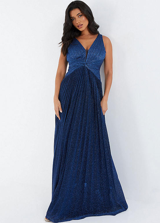 Quiz Navy Lurex Shimmer Pleated Maxi Dress | Grattan