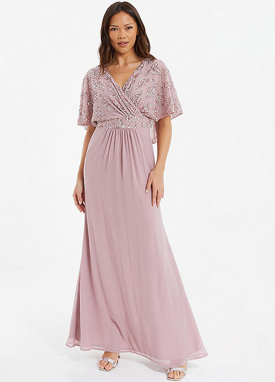 Quiz Pink Embellished Mesh Cap Sleeve Maxi Dress with Wrap Bust