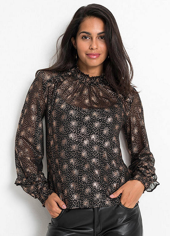 Sheer Turtleneck Blouse with Foil 