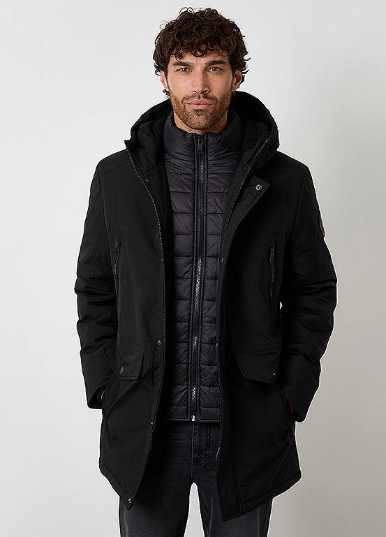 Threadbare Black Mock Inner Longline Utility Coat | Grattan