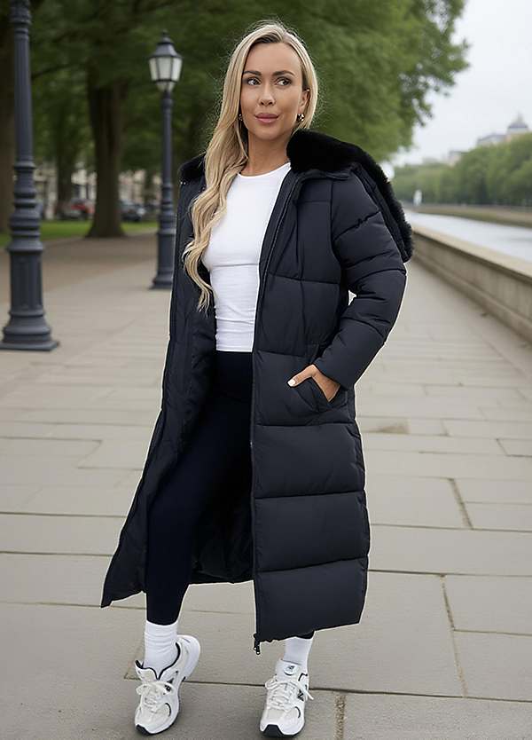 AX Paris Black Split Hood Longline Puffer Coat | Grattan AX Paris Black Split Hood Longline Puffer Coat | Grattan
