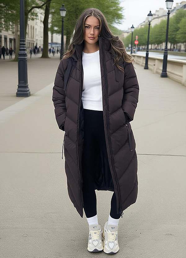 AX Paris Chocolate Hooded Puffer Coat with Zip Front Pockets | Grattan