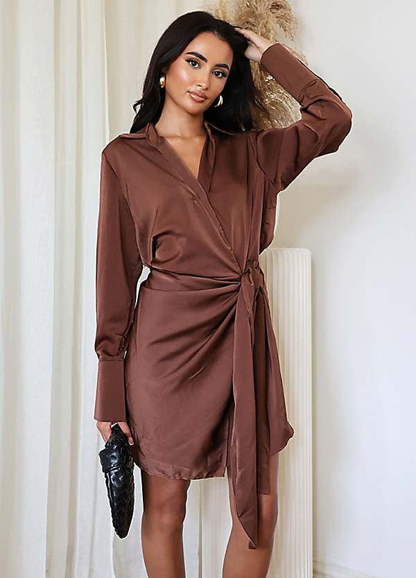 AX Paris Chocolate Satin Wrap Long Sleeve Mini Dress Grattan