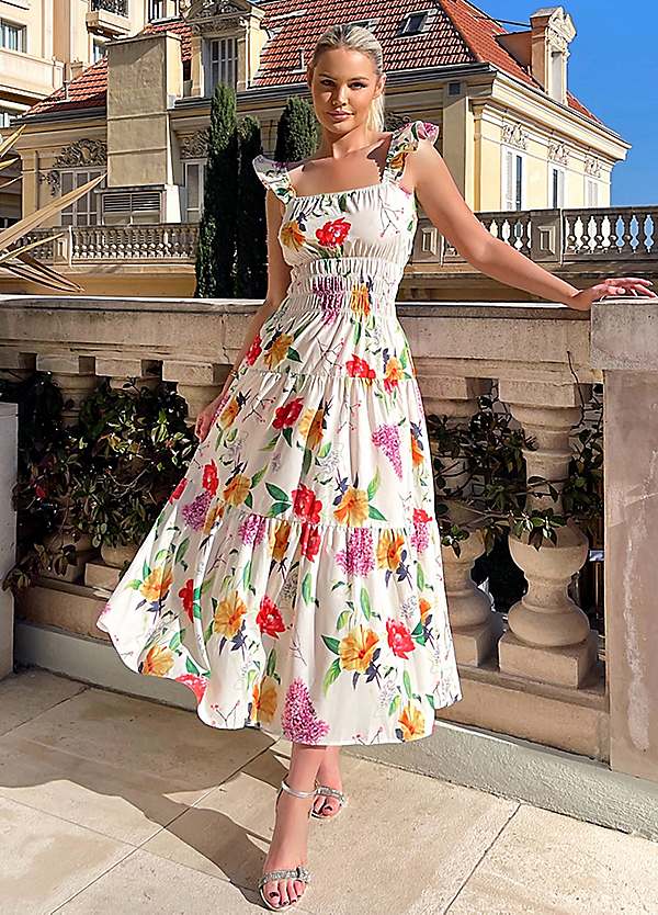 AX Paris Cream Floral Printed Frill Strap Midi Dress | Grattan