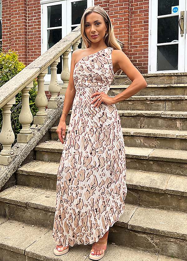 AX Paris Cream Printed One Shoulder Pleated Midi Dress | Grattan
