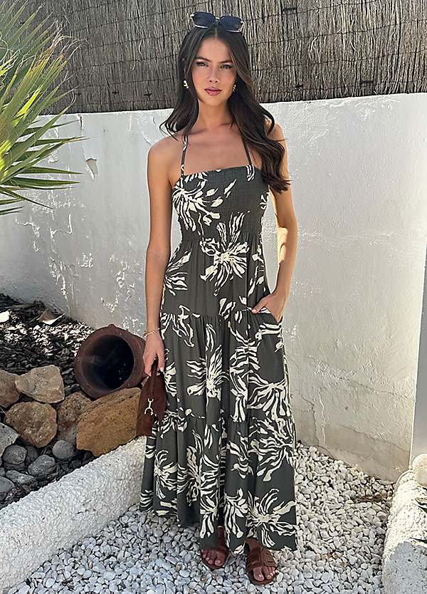 AX Paris Khaki Abstract Floral Print Tie Neck Smock Midi Dress | Grattan AX Paris Khaki Abstract Floral Print Tie Neck Smock Midi Dress | Grattan