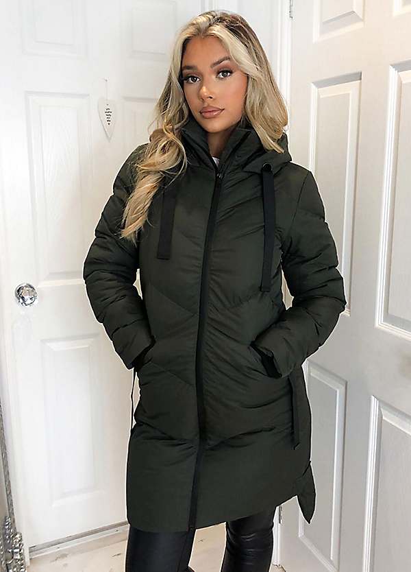 AX Paris Khaki Hooded Long Line Puffer Coat