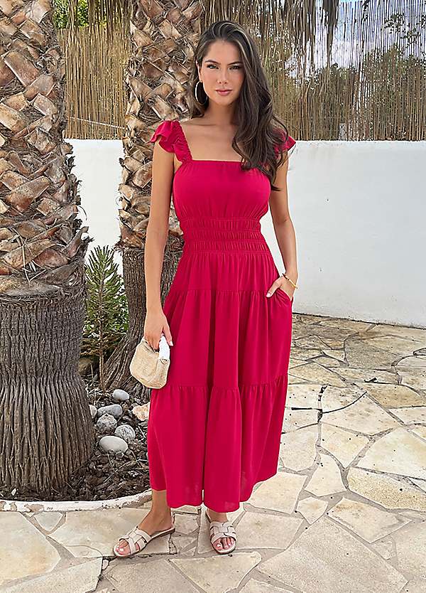 AX Paris Magenta Frill Strap Smock Midi Dress | Grattan
