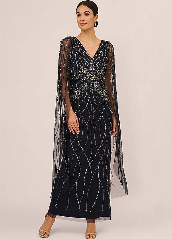 Adrianna Papell Beaded Cape Gown Grattan