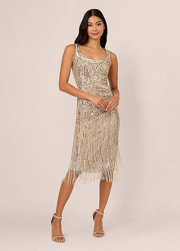 adrianna papell beaded fringe dress Trim Plunge Fringe Beaded Fringe Dress Grattan KissProm Aqua Off-the-Shoulder Satin JOD1238-B Size:Custom order mesh Fringe