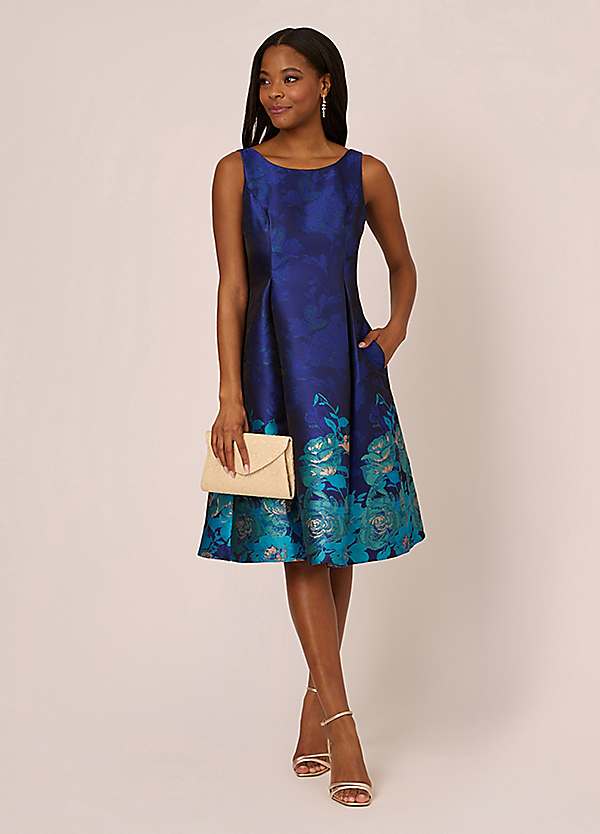 fitted maxi dresses for women Multi Colored Jacquard Tie Front Fit And Flare Midi Dress main image 0
