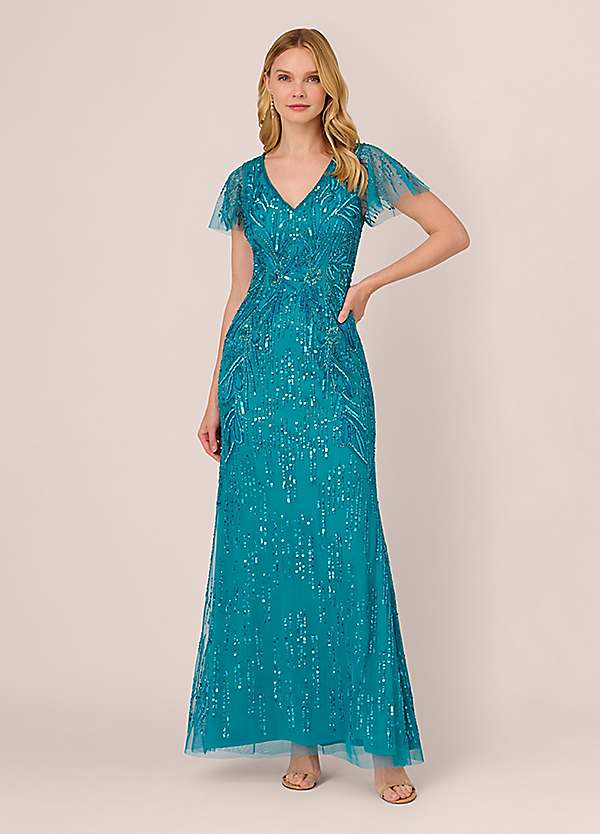 Adrianna Papell Flutter Sleeve Beaded Gown Grattan