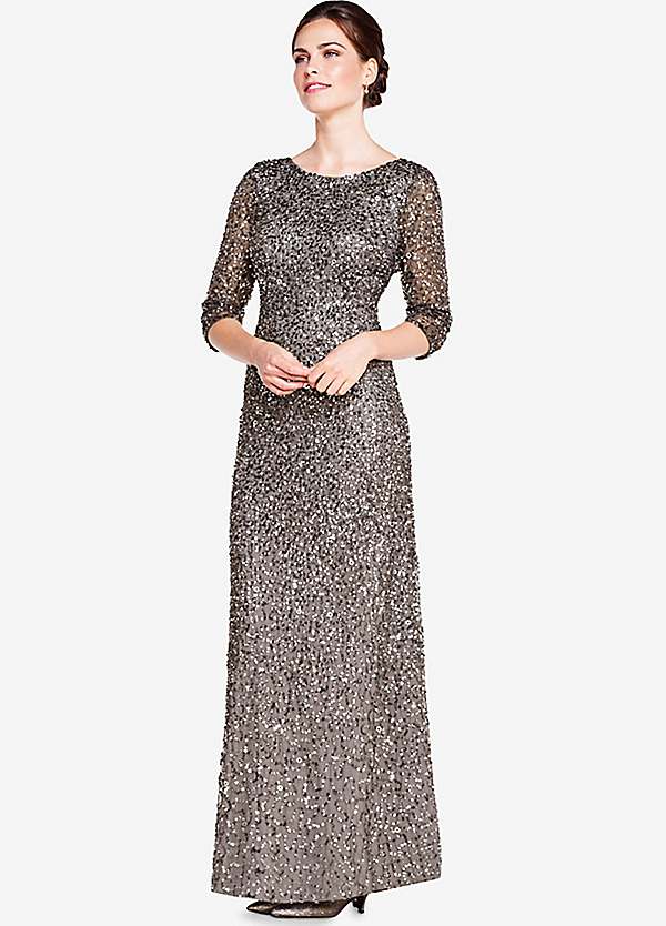 Adrianna Papell Grey Three Quarter Sleeve Beaded Mermaid Gown