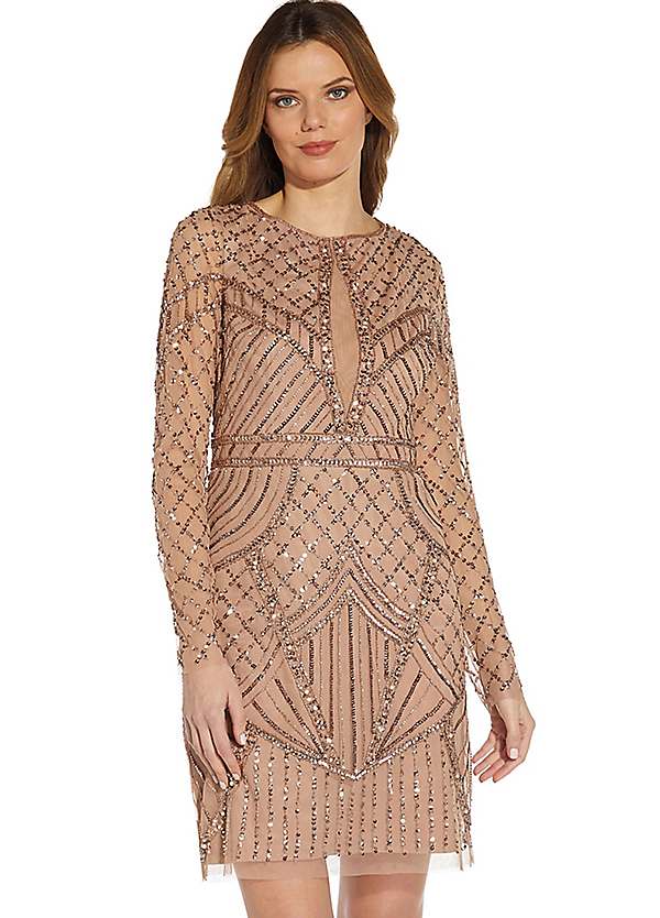 Adrianna Papell Hand Beaded Mesh Sheath Cocktail Dress