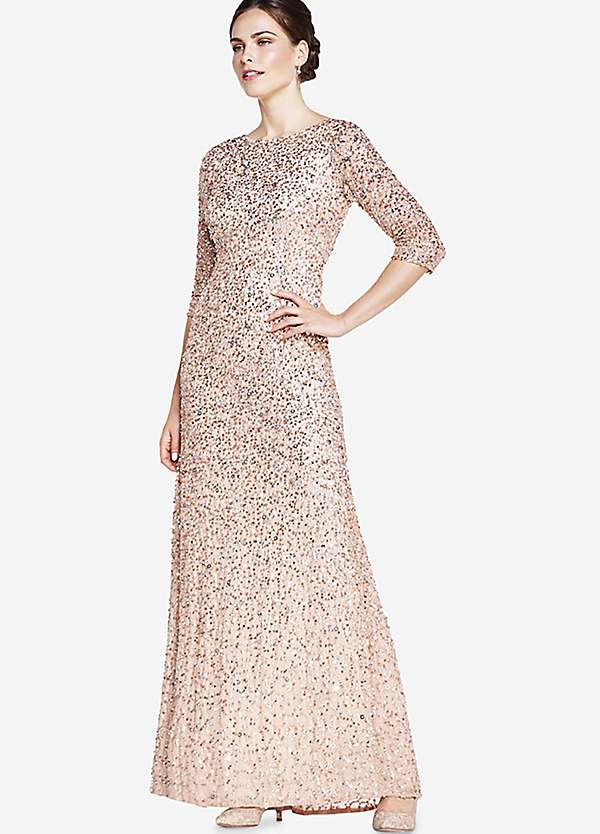 Adrianna Papell Natural Three Quarter Sleeve Beaded Mermaid Gown