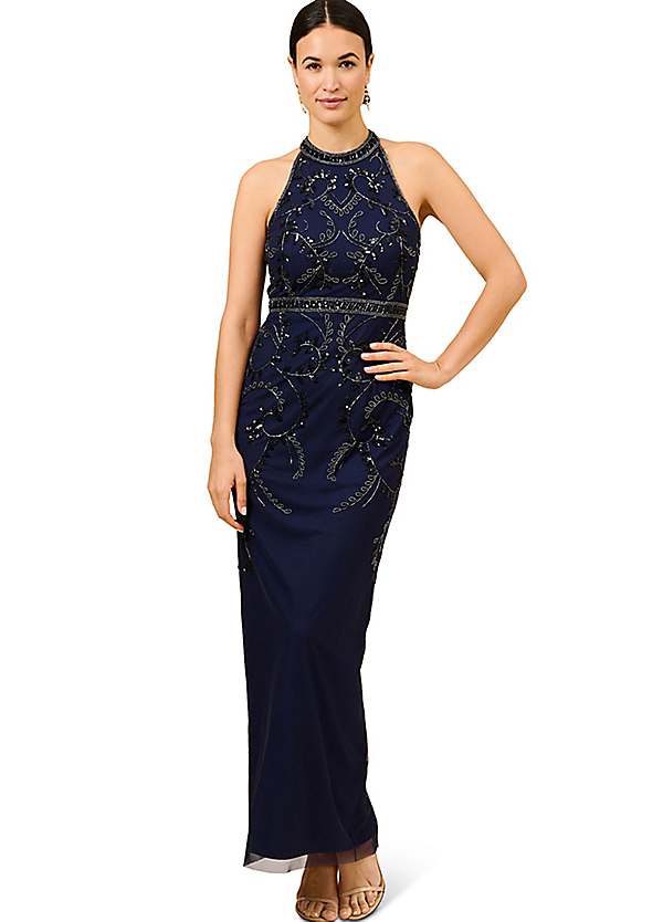 Adrianna papell beaded halter column gown hotsell