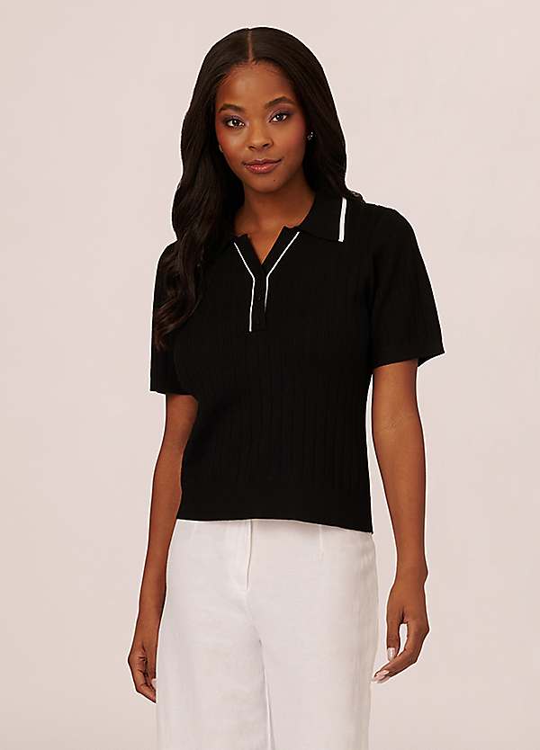 Adrianna Papell Pointelle Short Sleeve Tipped Polo Grattan