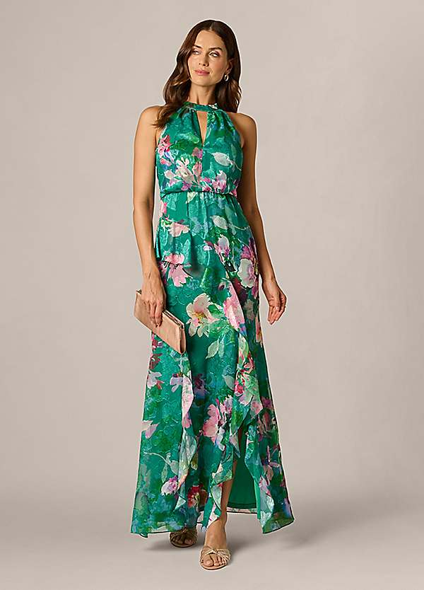 sachin and babi light blue dress Adrianna Papell Printed Strap Cascade Gown