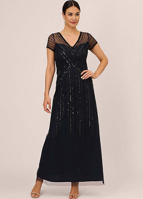 Adrianna Papell Studio Beaded V Neck Gown Grattan