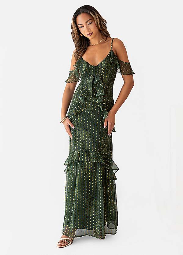 Anaya With Love Floral Green Cold Shoulder Maxi Dress with Metallic Detail  | Grattan