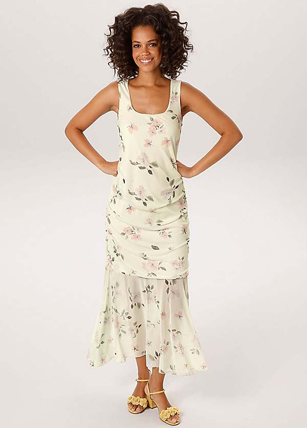 strapless open back dress Pastel Yellow Floral Print Mesh Lace Maxi Dress main image 1