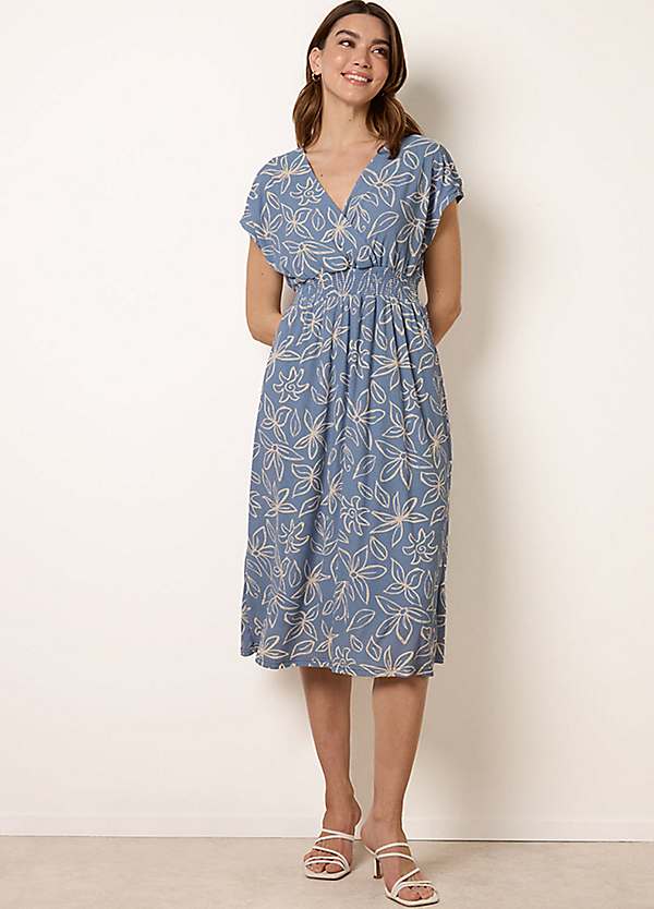Blue Vanilla Floral Wrap Front Elasticated Waist Midi Dress | Grattan Blue Vanilla Floral Wrap Front Elasticated Waist Midi Dress | Grattan