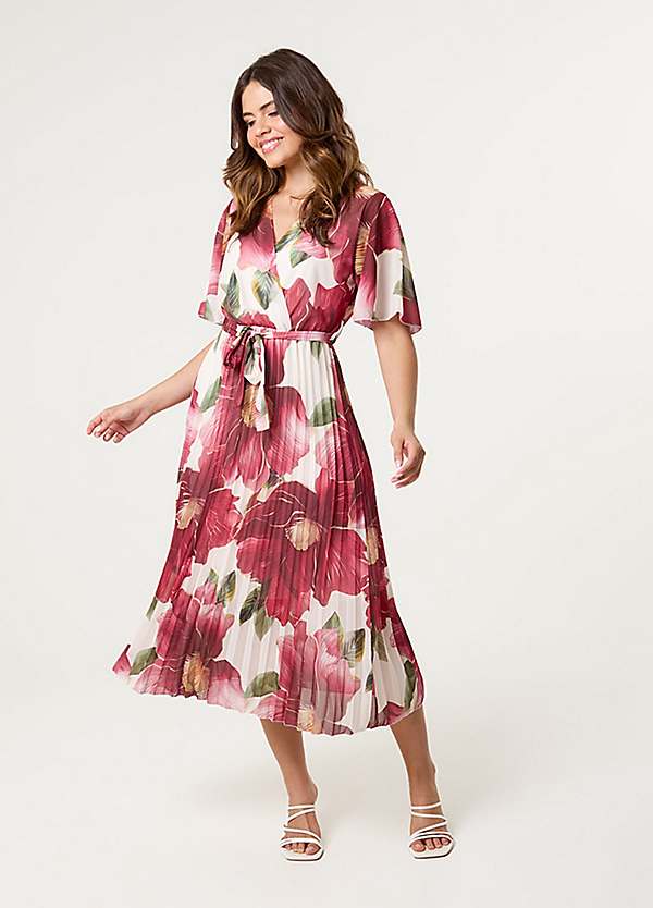 blue vanilla burgundy dress Wine | Round Neck Pleated Abstract Leopard Dress