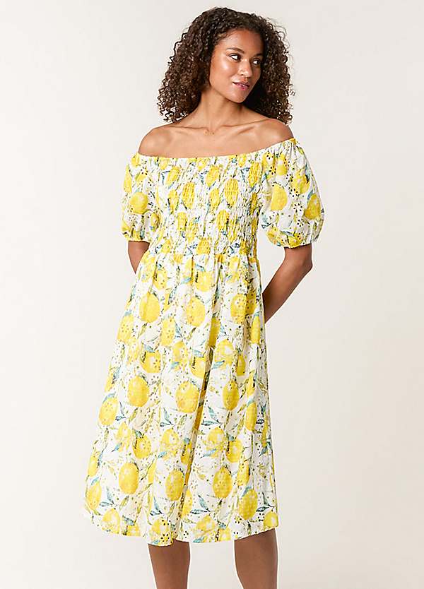Blue Vanilla Lemon Print Broderie Anglaise Shirred Dress | Grattan