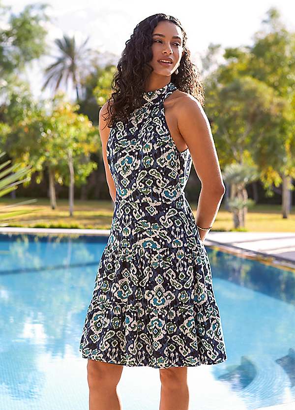 Blue Vanilla Tiered Halter Neck Aztec Belted Mini Dress | Grattan