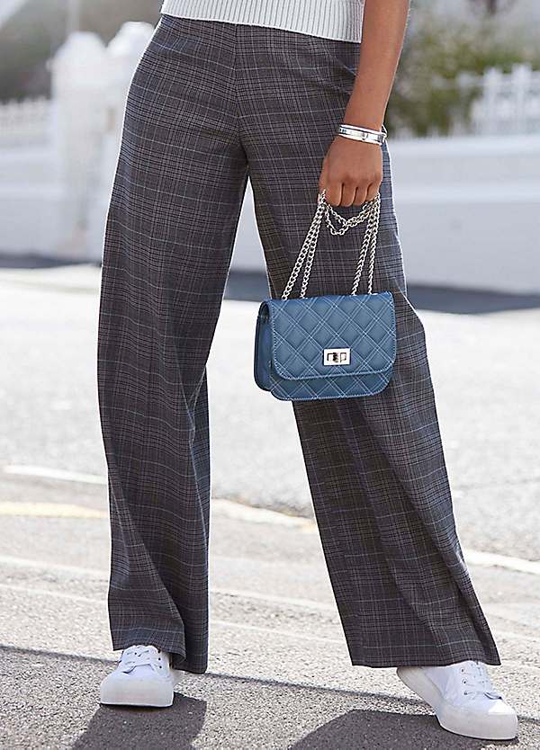 Grey check wide leg cheap trousers