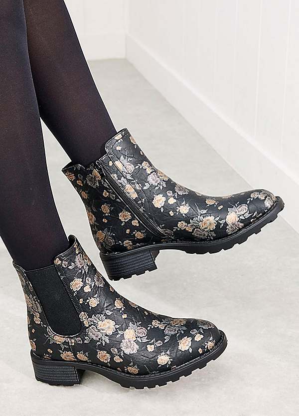 Cotton Traders Black Floral Slip-On Boots Grattan