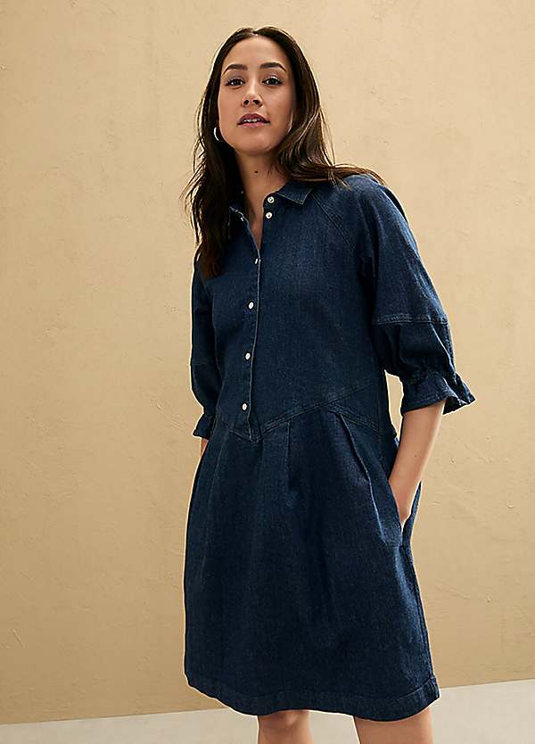Denim Mini A-Line Dress with Puff Sleeves by bonprix | Grattan