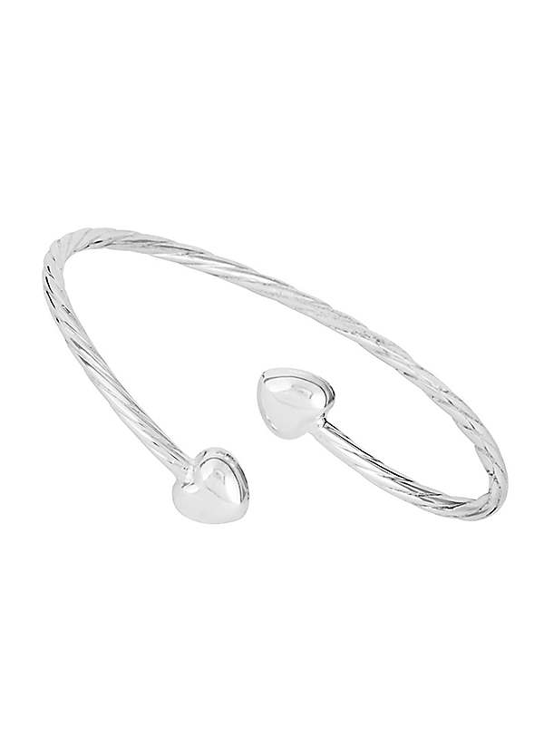 For You Collection Sterling Silver Double Heart Twisted Flexi Cuff Bangle