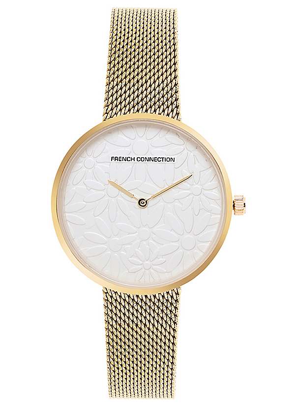 French Connection Ladies Gold Case & Mesh Strap Watch with White  