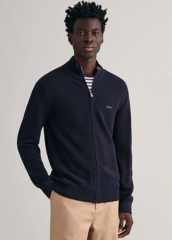 Gant Pique Cotton Zip Cardigan with Logo Grattan