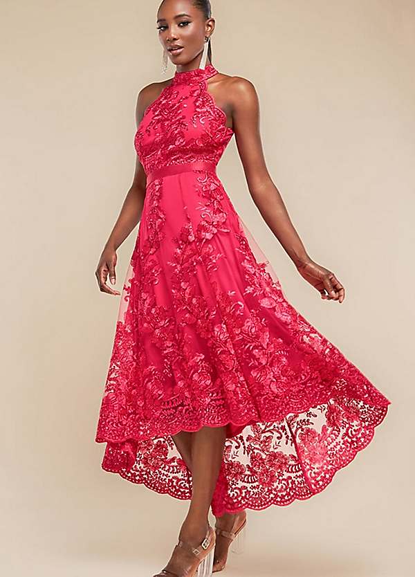 Goddiva Halter Neck Lace High Low Dress Grattan