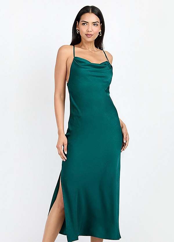 cowl neck green satin dress Dark Green Satin Midi Evening Dress KAMEA
