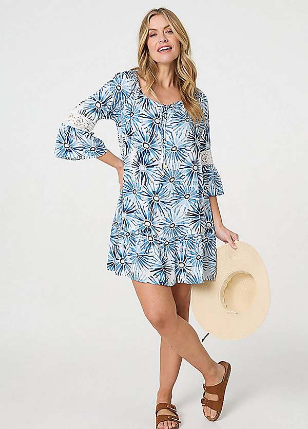 Izabel London Floral Lace Three-Quarter Sleeve Short Shift Dress | Grattan