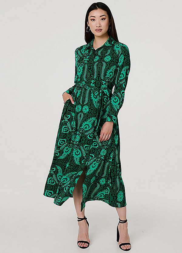 Izabel London Green Paisley Long Sleeve Midi Shirt Dress Grattan