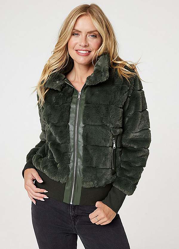 Izabel London Khaki Faux Fur Zip Front Jacket | Grattan